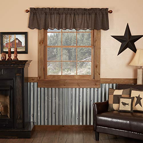 VHC Brands Kettle Grove Window Curtain, Plaid Valance Scalloped, Black, 16x72 - Image 1