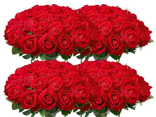 Wondrus Bulk Artificial Flowers 100 PCS, Fake Velvet Silk Red Roses with Long Stems Realistic Bouquet for Wedding Centerpieces, Faux Arrangement for Home Table Decor - Image 1