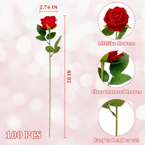 Wondrus Bulk Artificial Flowers 100 PCS, Fake Velvet Silk Red Roses with Long Stems Realistic Bouquet for Wedding Centerpieces, Faux Arrangement for Home Table Decor - Image 3