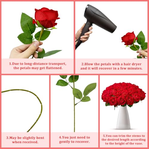 Wondrus Bulk Artificial Flowers 100 PCS, Fake Velvet Silk Red Roses with Long Stems Realistic Bouquet for Wedding Centerpieces, Faux Arrangement for Home Table Decor - Image 5
