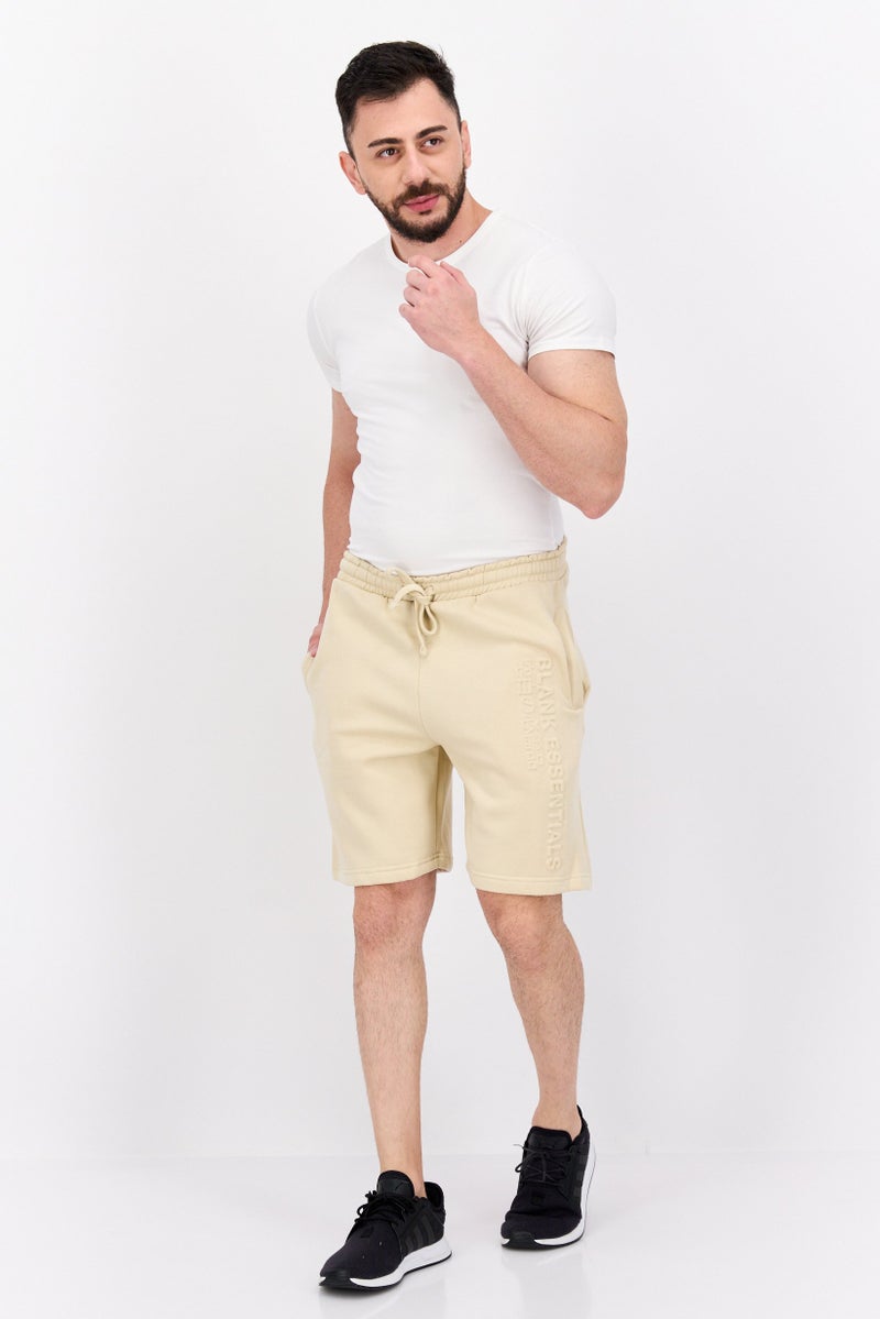 Blank Essentials Men Drawstring Embossed Brand Shorts, Beige - Image 3