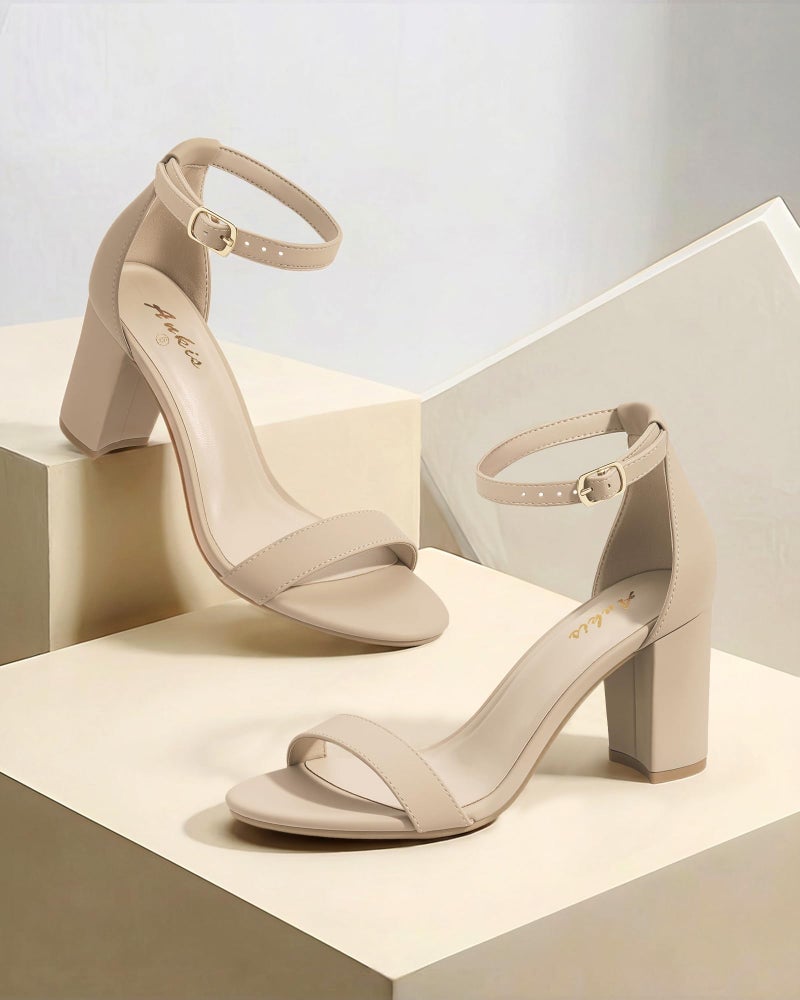 Ankis Nude Heels for Women - Open Toe Ankle Strap Chunky Heel Pump Sandals Party Wedding Strappy Buckle Sandals 2.75 Inches - Image 3