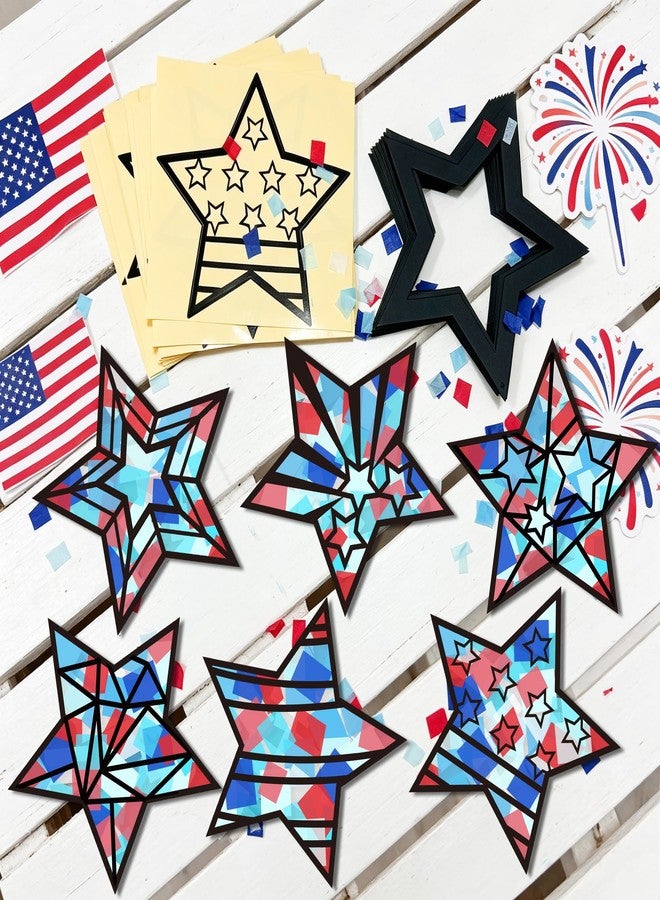 KOPOOEOE 36 Pcs 4th of July Suncatchers Patriotic Crafts Kits 250th Anniversary DIY Star Red Blue White Tissue Paper DIY for Independence Day Home School Classroom Window Decor - Image 4