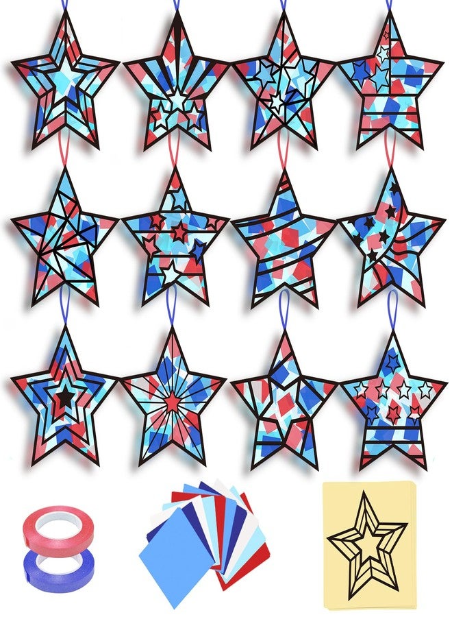 KOPOOEOE 36 Pcs 4th of July Suncatchers Patriotic Crafts Kits 250th Anniversary DIY Star Red Blue White Tissue Paper DIY for Independence Day Home School Classroom Window Decor - Image 1