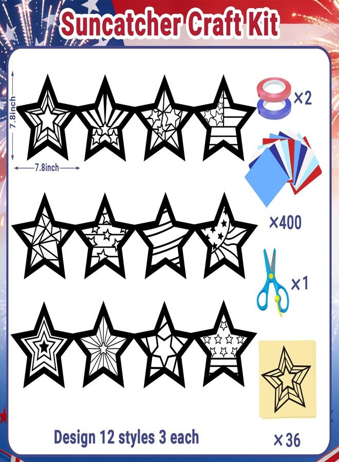 KOPOOEOE 36 Pcs 4th of July Suncatchers Patriotic Crafts Kits 250th Anniversary DIY Star Red Blue White Tissue Paper DIY for Independence Day Home School Classroom Window Decor - Image 2