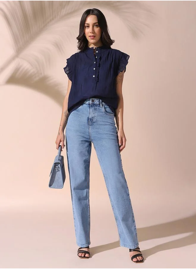 Dennis Lingo Women indigo straight fit solid 98% cotton 2% spandex jeans with button & zip closure- your next go-to for effortless flair.