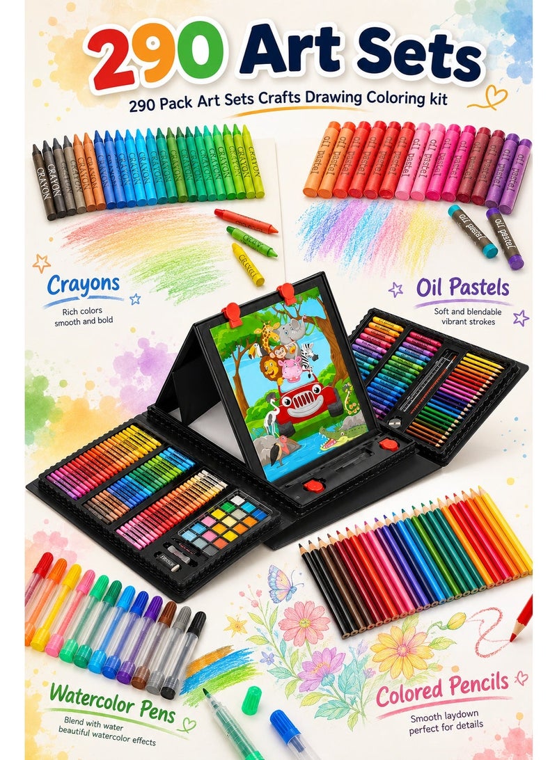 290 Art Sets Crafts Drawing Coloring Kit for Kids, All-in-One 290 Pieces Art Supplies Case with Crayons, Oil Pastels, Colored Pencils - Image 2