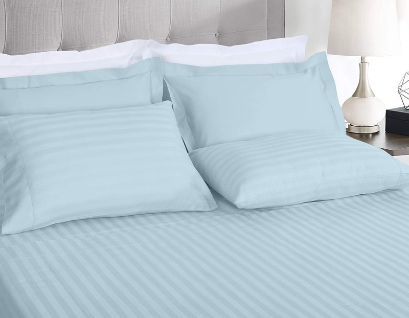 Threadmill Threadmill 500 Thread Count Full Size Damask Stripe  4 Pc Luxury Cotton Sheet Set  Breathable Light Blue Sheets with 16"" Elasticized Deep Pocket  2 Pillowcases & Free Tote Bag  - Image 2