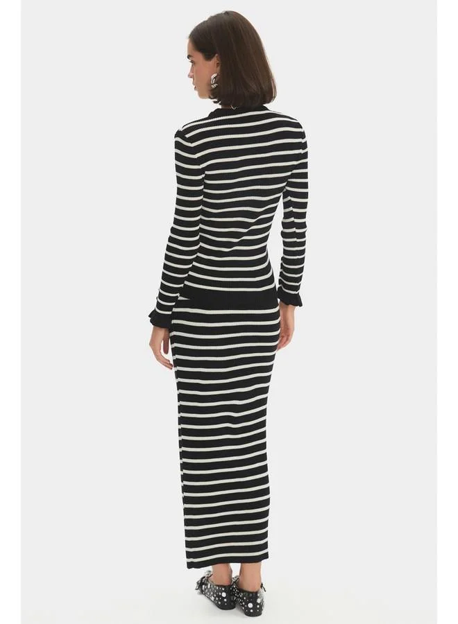 JUNE June Women Striped Knitwear Sweater Skirt Set with Button Detail on Sleeves Black