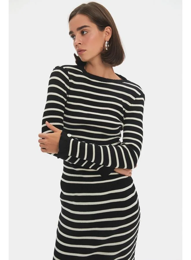 JUNE June Women Striped Knitwear Sweater Skirt Set with Button Detail on Sleeves Black