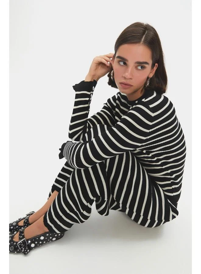 JUNE June Women Striped Knitwear Sweater Skirt Set with Button Detail on Sleeves Black