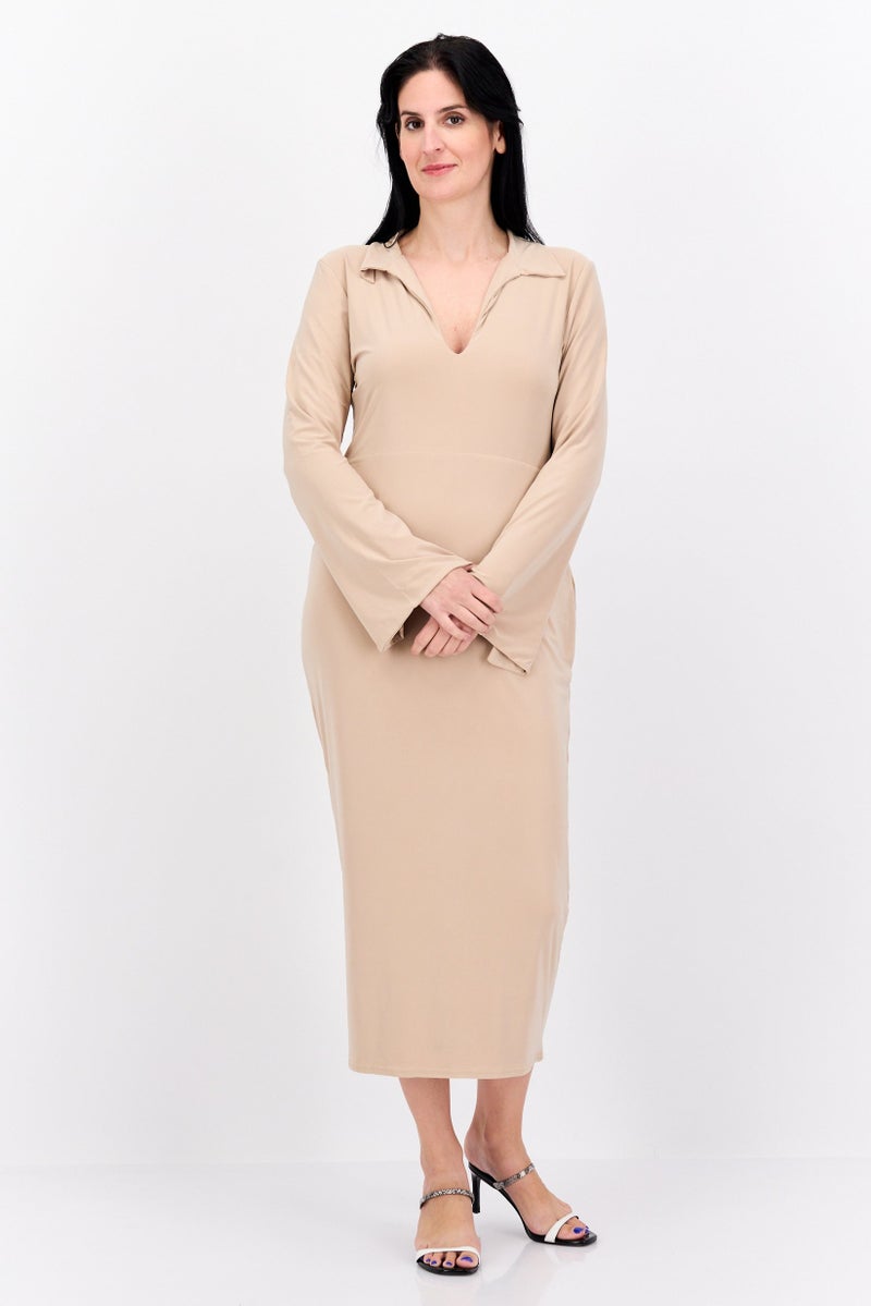 PUBLIC DESIRE Women Curve Plain Midi Dress, Beige - Image 1