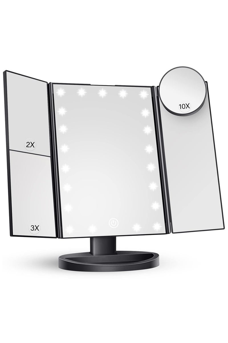 الروهيت مرآة مكياج مع أضواء، تكبير 2x 3x 10x، مرآة مضاءة، تحكم باللمس، مصدر طاقة مزدوج ثلاثي الطي، هدية محمولة للنساء بإضاءة LED (أسود) - Image 1