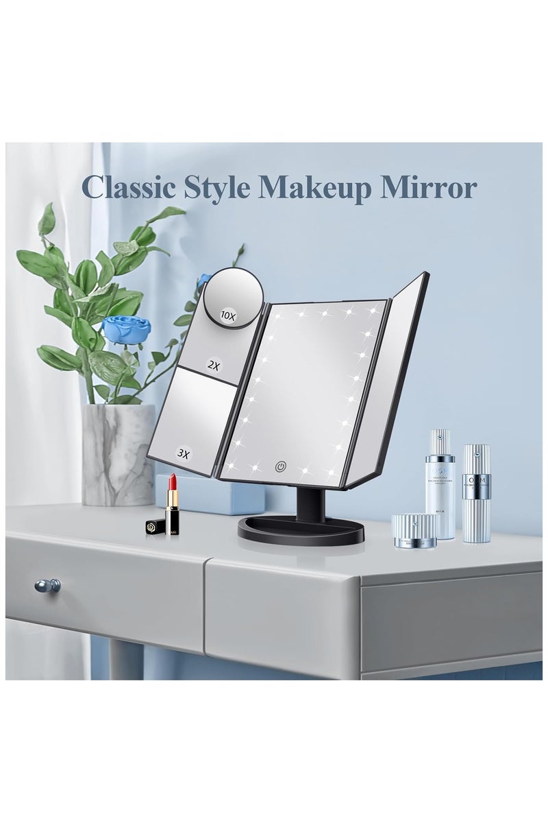 الروهيت مرآة مكياج مع أضواء، تكبير 2x 3x 10x، مرآة مضاءة، تحكم باللمس، مصدر طاقة مزدوج ثلاثي الطي، هدية محمولة للنساء بإضاءة LED (أسود) - Image 3