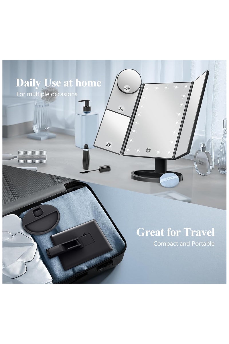 الروهيت مرآة مكياج مع أضواء، تكبير 2x 3x 10x، مرآة مضاءة، تحكم باللمس، مصدر طاقة مزدوج ثلاثي الطي، هدية محمولة للنساء بإضاءة LED (أسود) - Image 4