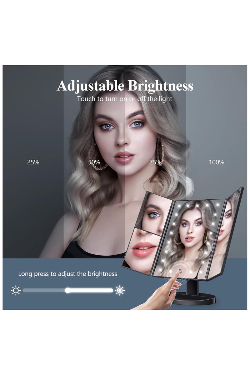 الروهيت مرآة مكياج مع أضواء، تكبير 2x 3x 10x، مرآة مضاءة، تحكم باللمس، مصدر طاقة مزدوج ثلاثي الطي، هدية محمولة للنساء بإضاءة LED (أسود) - Image 5