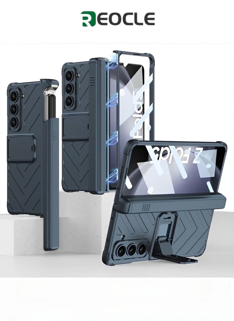 REOCLE Phone Case Phone Cover Magnetic Armor All-included Slide Pen Case with Back Screen Glass Hinge Holder Phone Cover for Samsung Galaxy Z Fold 5 - Image 1
