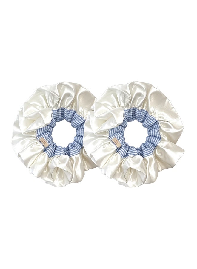 Oversized Ruffled Satin Scrunchies, Blue & White Striped Hair Ties, 2 Pack - Image 1