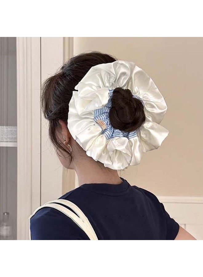 Oversized Ruffled Satin Scrunchies, Blue & White Striped Hair Ties, 2 Pack - Image 2
