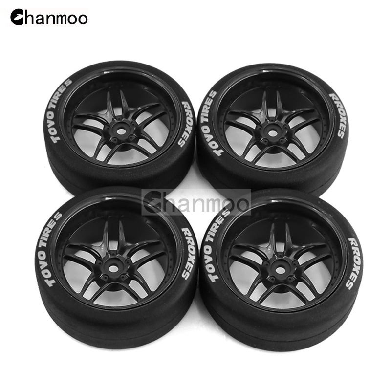 Chanmoo 1/10 RC Drift Tires and Plastic Wheels Rims Rally Racing Tyres 12mm Hex for 1:10 Scale On Road Touring Street Car Tamiya Traxxas HPI KYOSHO XV02 XV01 TT01 TT02 PTG2 A959 4PCS (C Black) - Image 4