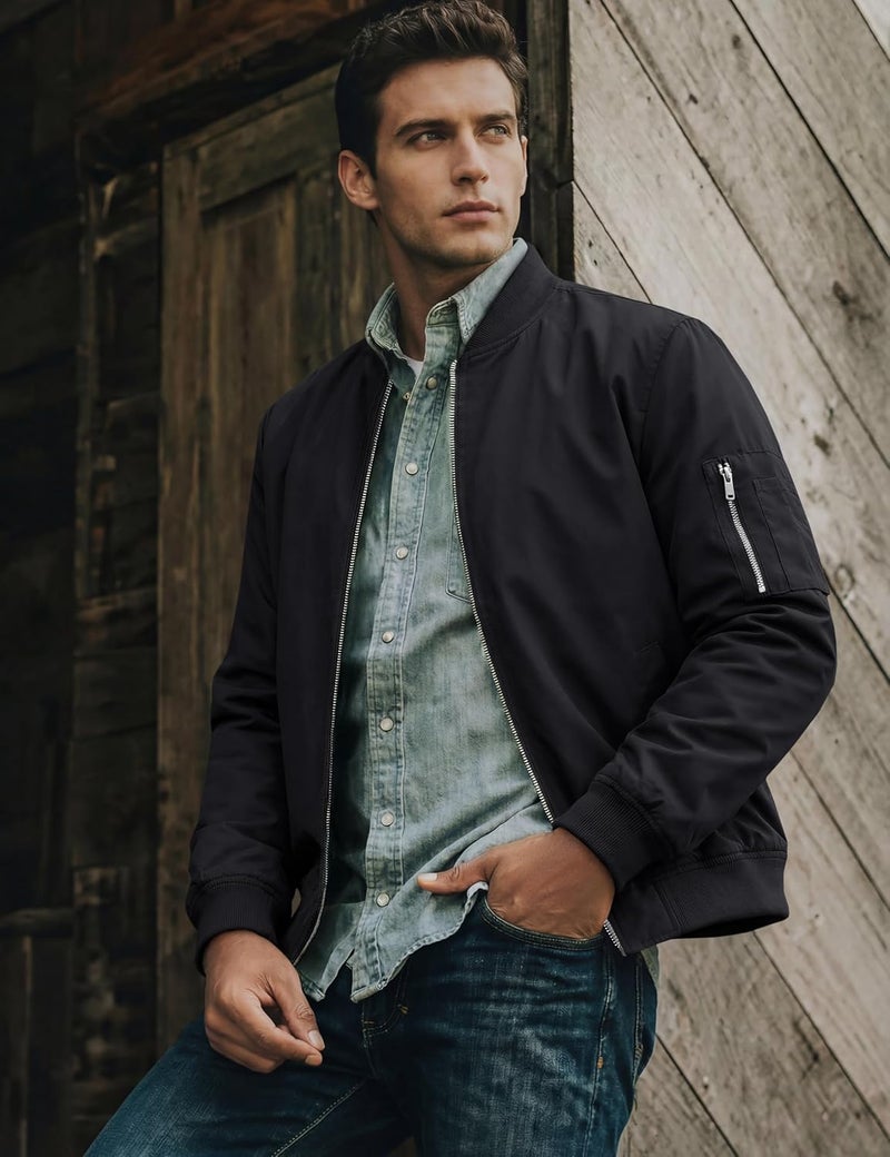TACVASEN Men's Lightweight Bomber Jacket - Casual Spring Fall Windbreaker with Pockets, Black, XL - Image 2