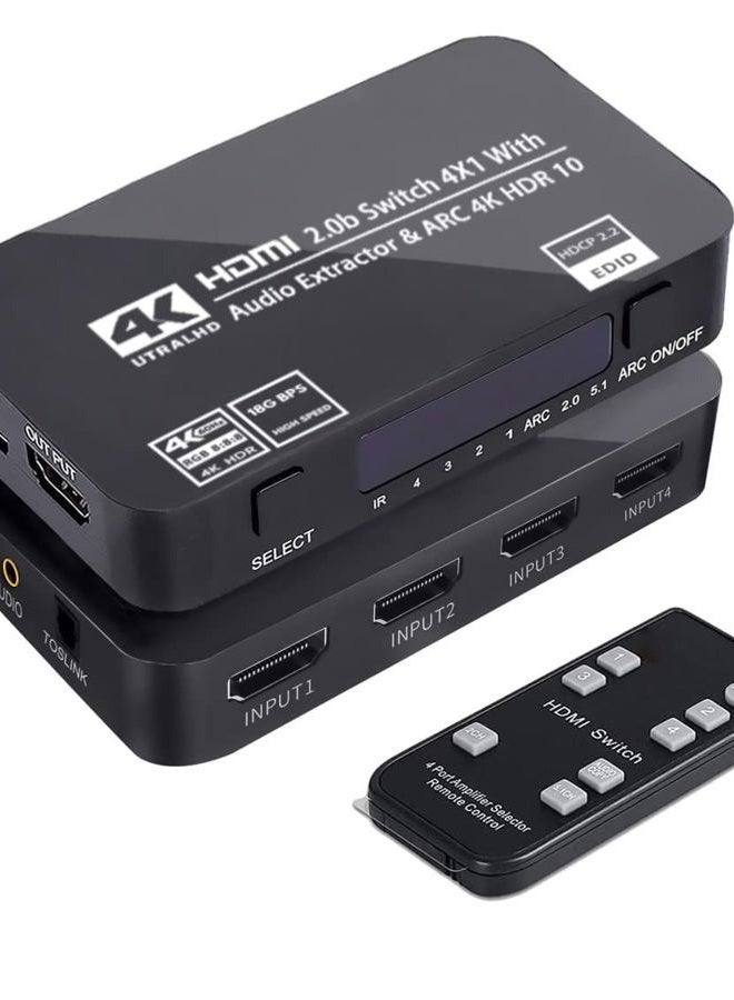 Wonlyus 4 in 1 Out HDMI Switch, 4K@60Hz Ultra HD HDMI Switcher with Optical TOSLINK SPDIF, 3.5mm Audio Support ARC Function, 3D, 1080P @120Hz, 4Kx2k @60Hz HDTV (IR Wireless Remote Control) - Image 1