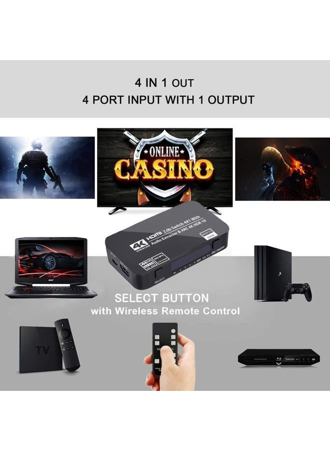 Wonlyus 4 in 1 Out HDMI Switch, 4K@60Hz Ultra HD HDMI Switcher with Optical TOSLINK SPDIF, 3.5mm Audio Support ARC Function, 3D, 1080P @120Hz, 4Kx2k @60Hz HDTV (IR Wireless Remote Control) - Image 3