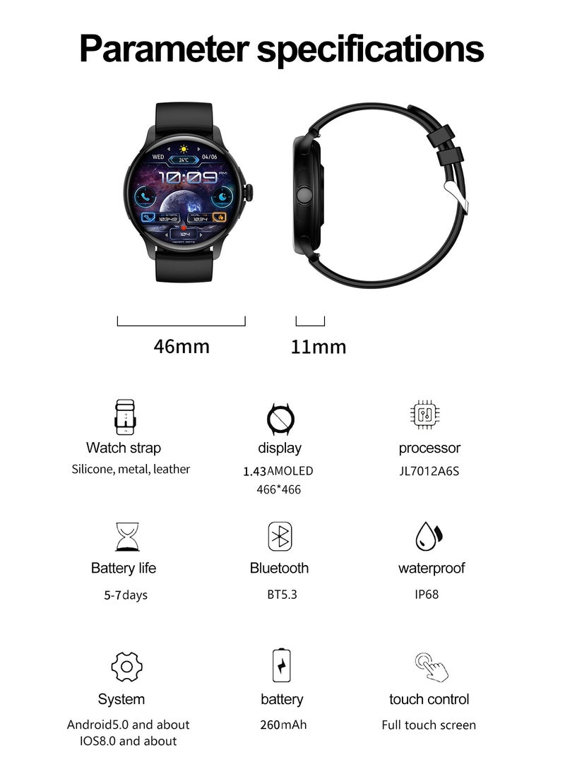 Hommtel - Smart Sports Watch VENU 3 – Women & Girls Fashion Edition (Black) with 1.43-inch AMOLED Display, Bluetooth Calling, 100+ Sport Modes, Multidimensional Health Management, Ultra-Long Battery Life (30 Days Standby, 5-7 Days Usage), Always-On Screen, Exquisite Crown with Mechanical Vibration, Rich Applications, and 2 Extra Interchangeable Black Silicone Straps - Image 1
