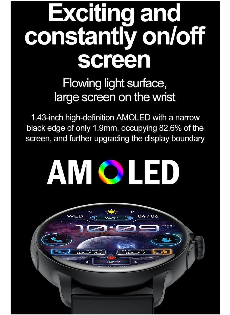 Hommtel - Smart Sports Watch VENU 3 – Women & Girls Fashion Edition (Black) with 1.43-inch AMOLED Display, Bluetooth Calling, 100+ Sport Modes, Multidimensional Health Management, Ultra-Long Battery Life (30 Days Standby, 5-7 Days Usage), Always-On Screen, Exquisite Crown with Mechanical Vibration, Rich Applications, and 2 Extra Interchangeable Black Silicone Straps - Image 1