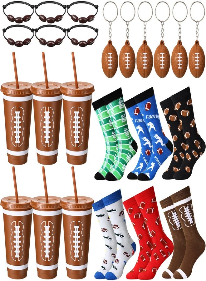 Pickmesh 24 Pcs Funny Christmas Football Gifts Set Football Plastic Cups with Straw and Lid Novelty Sport Crew Socks Bracelet and Keychain for Sport Team Birthday Party Favors Stocking Stuffer - Image 1