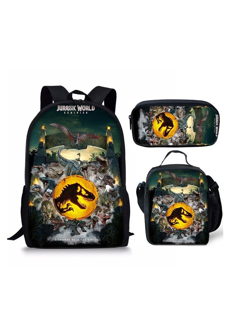 JURASSIC WORLD New Jurassic Park Dinosaur Three piece Set with Large Capacity Backpack, Student School Bag, Lunch Bag, Pen Bag - Image 1