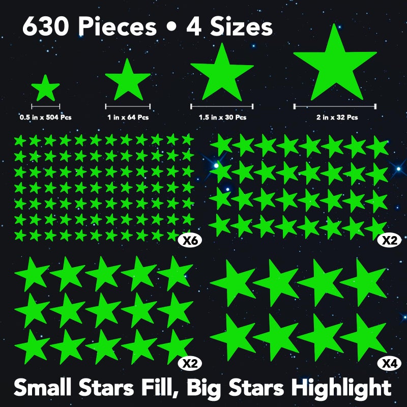 AOWDIAO Glow in The Dark Star Stickers â€“ 630â€¯Pieces (4â€¯Sizes) â€“ Luminous Ceiling & Wall Decor for Kidsâ€™ Bedroom, Nursery, Party - Image 2