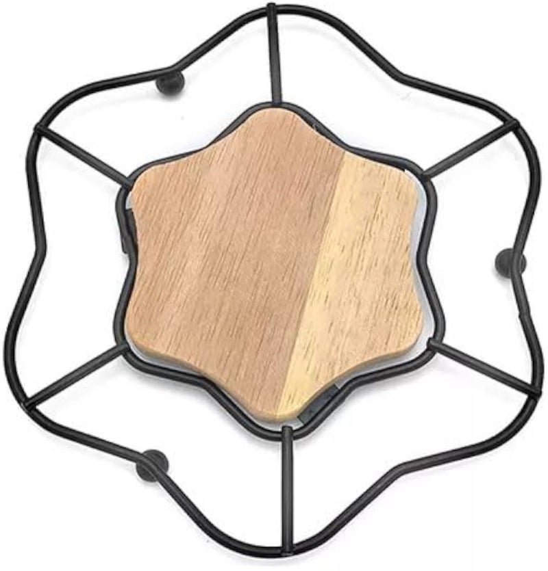 Coaster and hot holder, hot pot base, metal in wood, elegant modern style, star shape (wooden color in black)