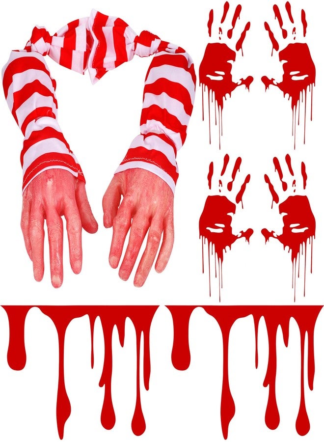 PerKoop Halloween Car Trunk Decorations Fake Arms Hand Realistic with Striped Cloth Arm Flowing Dripping Reflective Stickers for Car Window Headlamp Taillight(Two Hands,Red and White Striped) - Image 1
