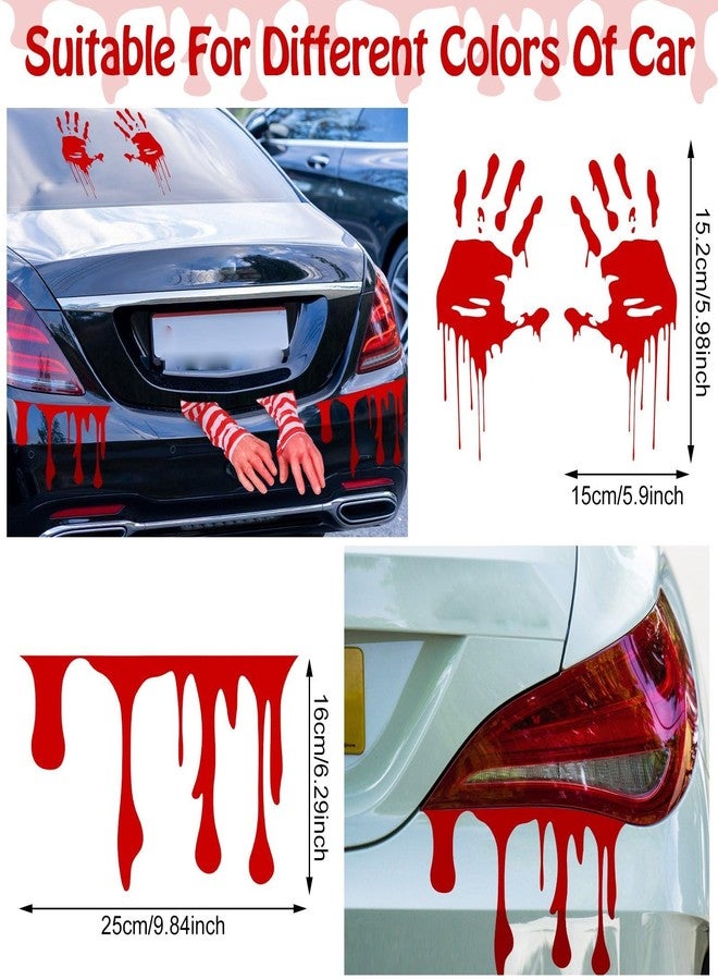PerKoop Halloween Car Trunk Decorations Fake Arms Hand Realistic with Striped Cloth Arm Flowing Dripping Reflective Stickers for Car Window Headlamp Taillight(Two Hands,Red and White Striped) - Image 2