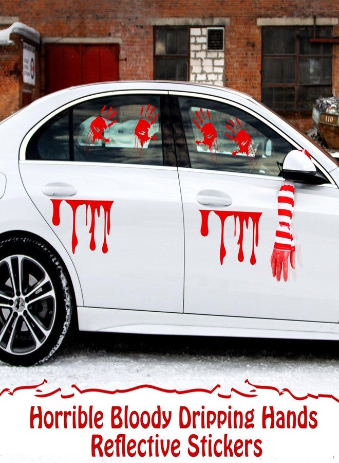 PerKoop Halloween Car Trunk Decorations Fake Arms Hand Realistic with Striped Cloth Arm Flowing Dripping Reflective Stickers for Car Window Headlamp Taillight(Two Hands,Red and White Striped) - Image 3
