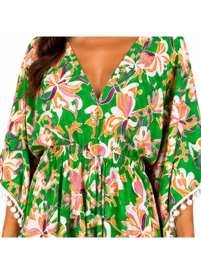 ZECOTEX Women's Chiffon Beach Kaftan Cover-Up Dress with V-Neck, Paisley Pattern & Pom-Pom Trim - Image 4