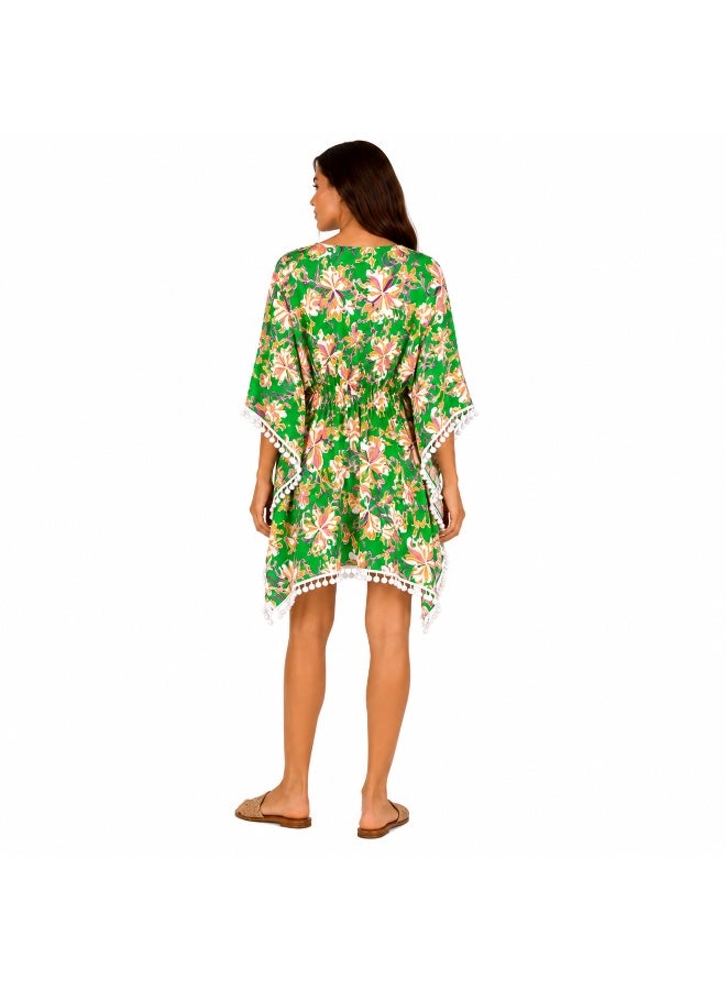 ZECOTEX Women's Chiffon Beach Kaftan Cover-Up Dress with V-Neck, Paisley Pattern & Pom-Pom Trim - Image 3