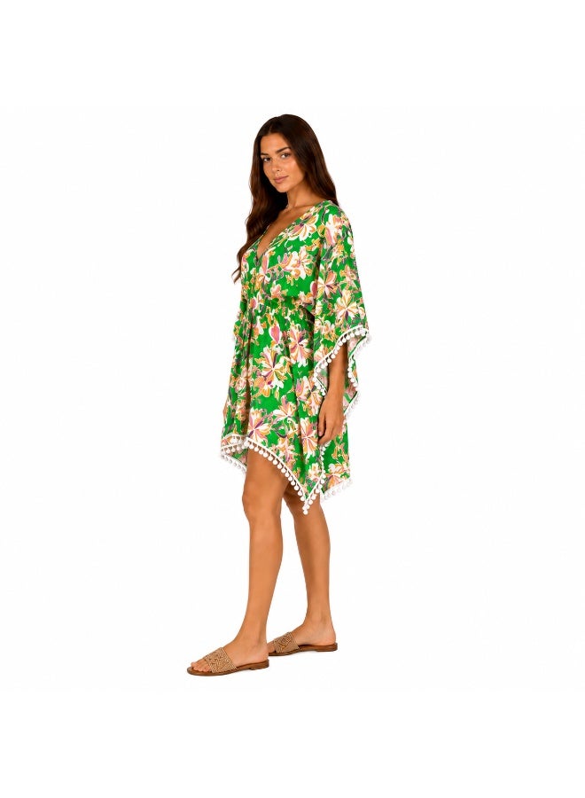 ZECOTEX Women's Chiffon Beach Kaftan Cover-Up Dress with V-Neck, Paisley Pattern & Pom-Pom Trim - Image 2