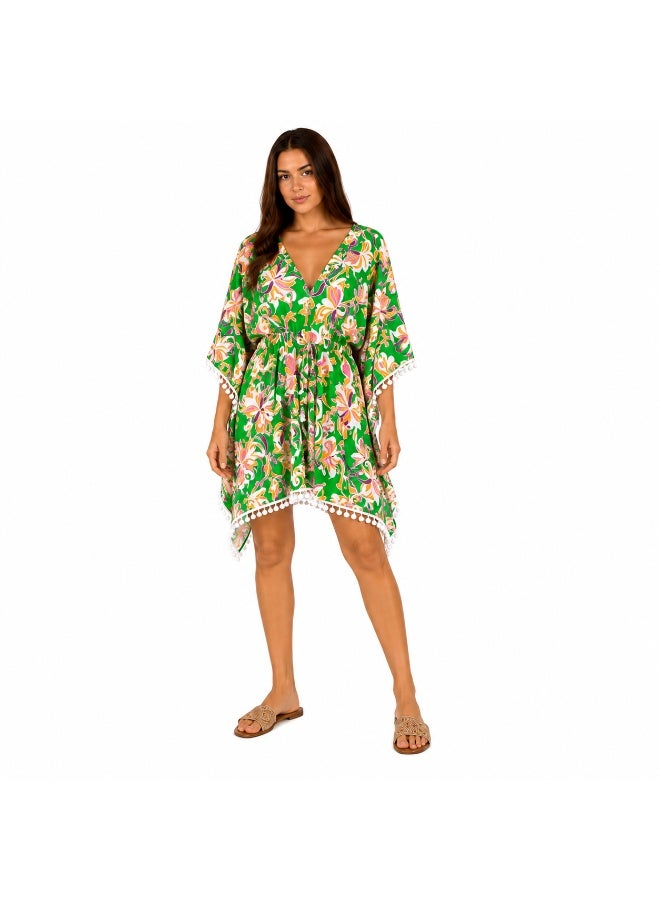 ZECOTEX Women's Chiffon Beach Kaftan Cover-Up Dress with V-Neck, Paisley Pattern & Pom-Pom Trim - Image 1