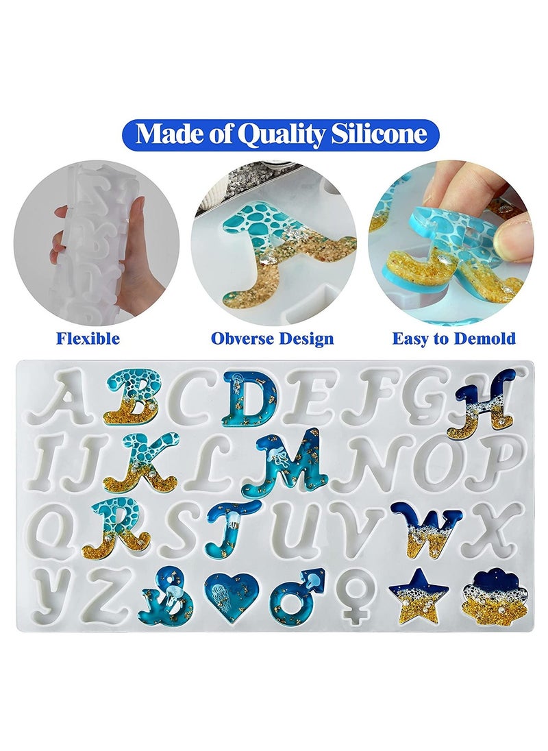 Excefore - 164Pcs Obverse Alphabet Resin Molds Kit, Silicone Molds for Resin Casting DIY, Letter & Ornament Epoxy Molds Resin Keychain Making Set with 1 Hand Drill 2 Drill Bits 160Pcs Keychain Supplies - Image 1