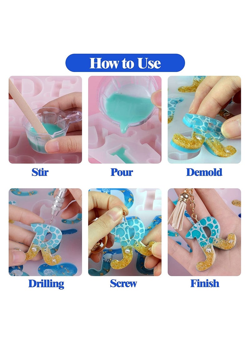 Excefore - 164Pcs Obverse Alphabet Resin Molds Kit, Silicone Molds for Resin Casting DIY, Letter & Ornament Epoxy Molds Resin Keychain Making Set with 1 Hand Drill 2 Drill Bits 160Pcs Keychain Supplies - Image 1