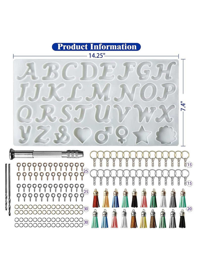 Excefore - 164Pcs Obverse Alphabet Resin Molds Kit, Silicone Molds for Resin Casting DIY, Letter & Ornament Epoxy Molds Resin Keychain Making Set with 1 Hand Drill 2 Drill Bits 160Pcs Keychain Supplies - Image 1