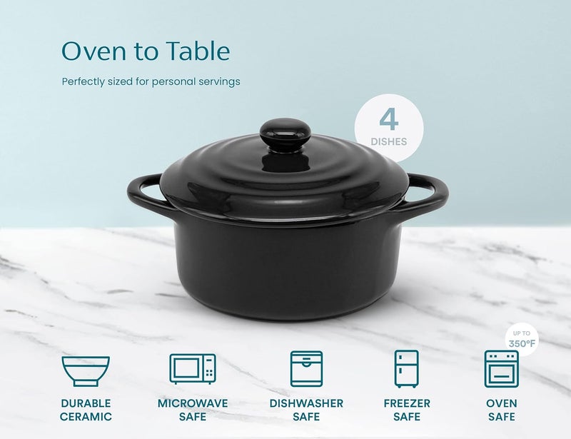 Kook طقم كوك سيراميك ميني كوكوت أطباق كاسرول صغيرة مع أغطية ومقابض أطباق خبز فردية آمنة للاستخدام في الفرن والميكروويف وغسالة الصحون 12 أونصة طقم من 4 أسود - Image 5