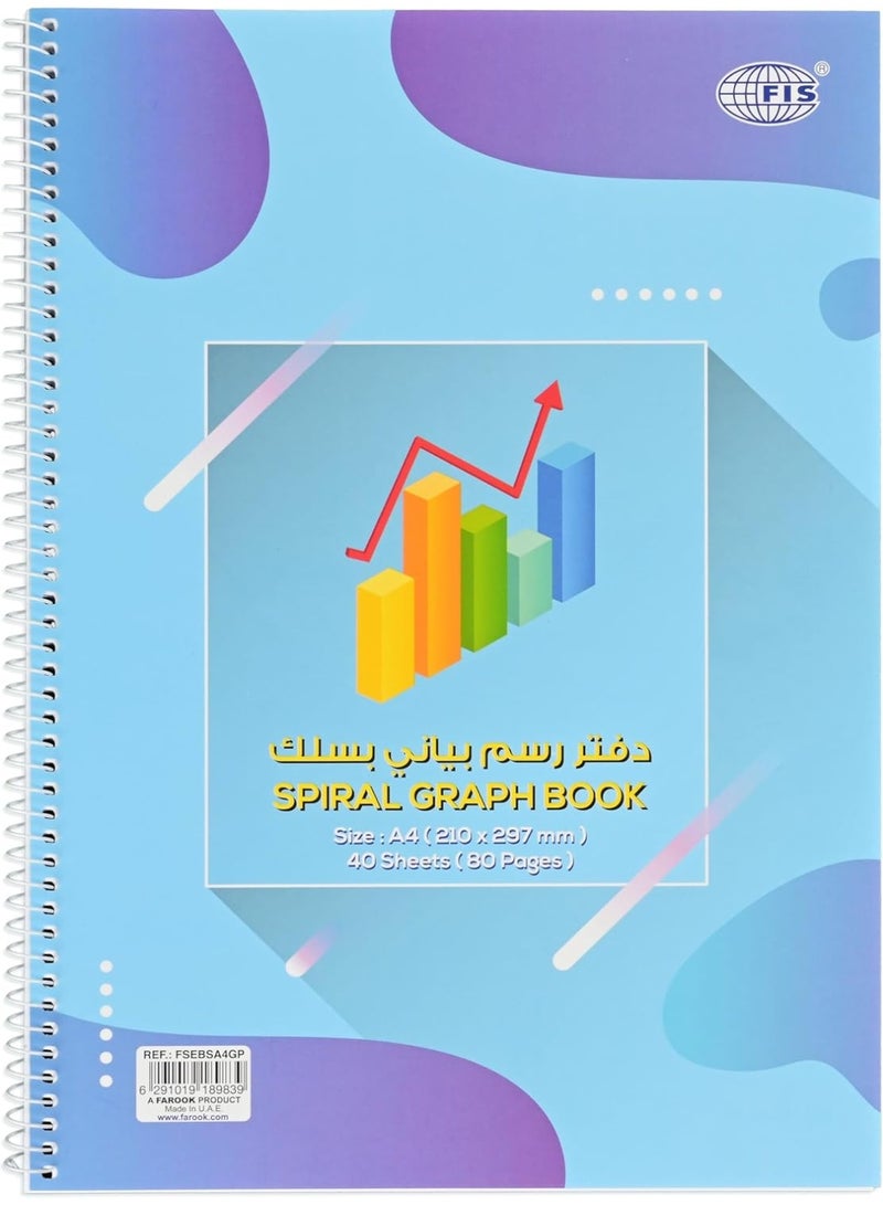 FIS A4 Spiral Graph Book, 40 Sheets/80 Pages, Gridline & Plain, Blue Cover, 12-Pack - Image 1