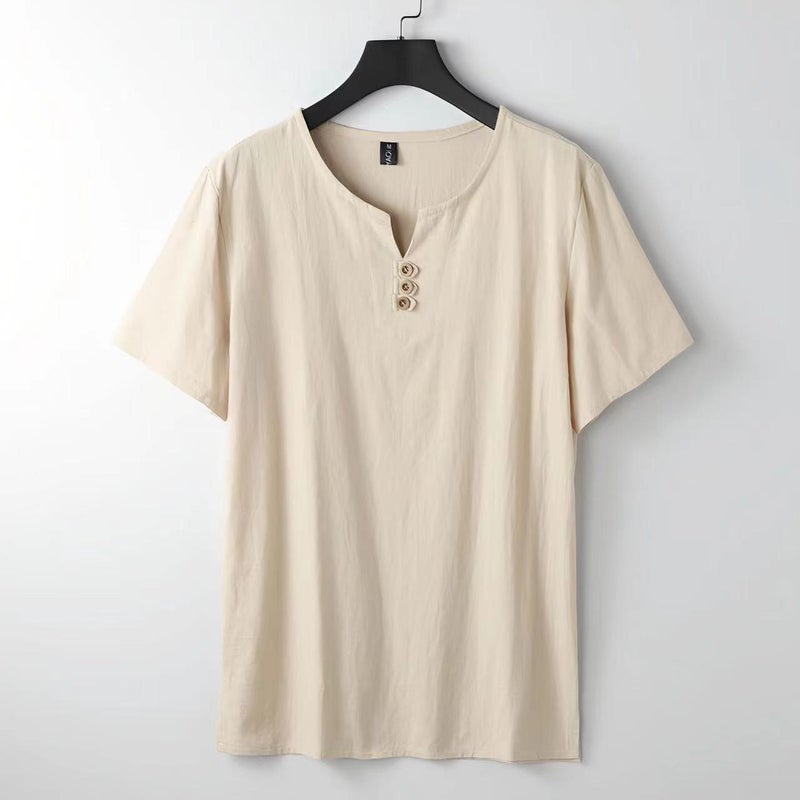 Summer Linen T-shirt Men's Chinese Style Cotton and Linen V-neck Men's Loose plus size Youth Short-sleeved Top Linen Clothes for Men - Image 2