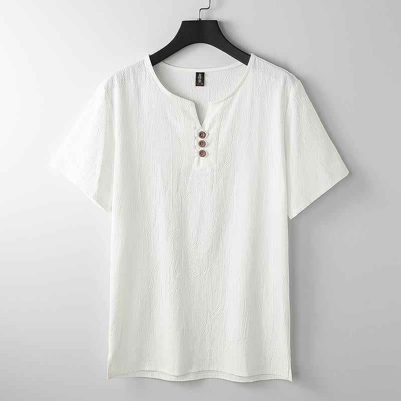 Summer Linen T-shirt Men's Chinese Style Cotton and Linen V-neck Men's Loose plus size Youth Short-sleeved Top Linen Clothes for Men - Image 1