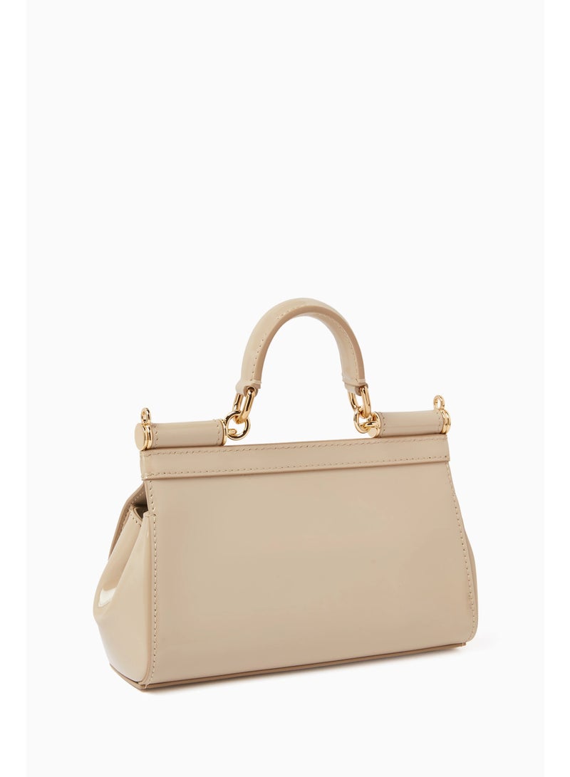D&G Dolce & Gabbana Small East West Sicily Top-handle Bag in Glossy leather, Women's Tote Bag, Women's Hand Bag, Women's Shoulder Bag, Women's Cross Body Bag, Women's Travel Bag, Beige-17cm - Image 3