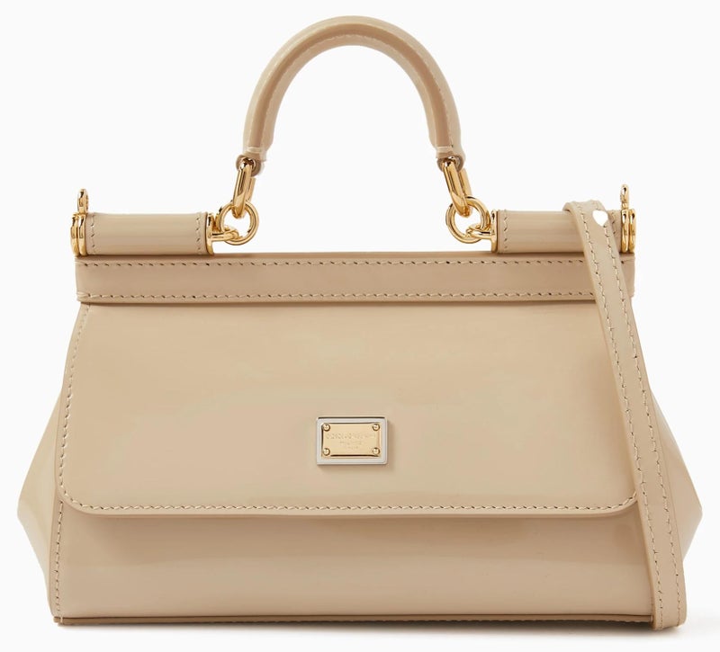 D&G Dolce & Gabbana Small East West Sicily Top-handle Bag in Glossy leather, Women's Tote Bag, Women's Hand Bag, Women's Shoulder Bag, Women's Cross Body Bag, Women's Travel Bag, Beige-17cm - Image 1
