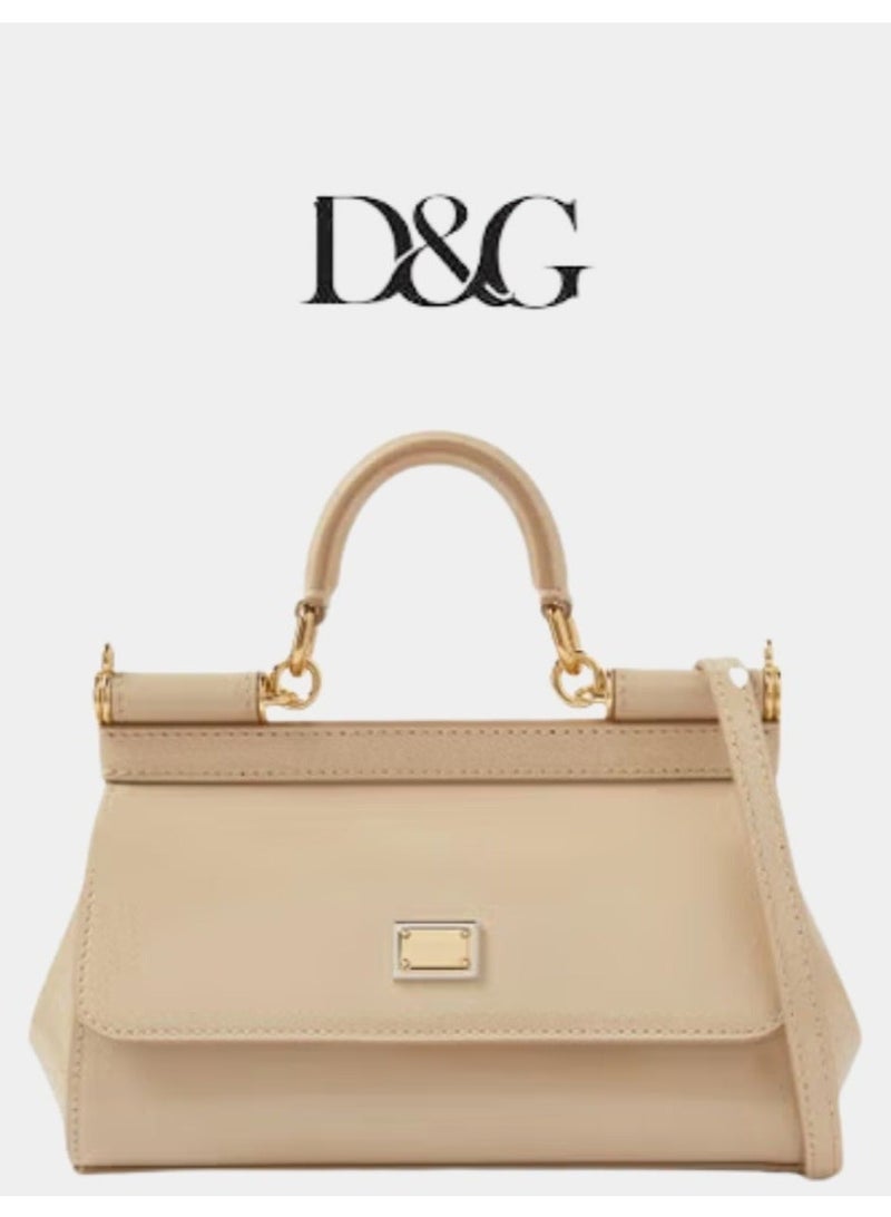 D&G Small East West Sicily Top-handle Bag in Glossy leather, Women's Tote Bag, Women's Hand Bag, Women's Shoulder Bag, Women's Cross Body Bag, Women's Travel Bag, Beige-17cm - Image 1